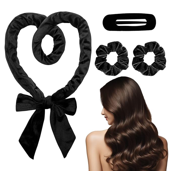 Heatless Curls Overnight Headbands for Women, Hair Rollers with Scrunchies and Clip, Soft Velvet Heatless Hair Curler for Long Hair, No Heat Damage to Hair (Black)