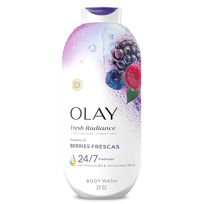 Olay Body Wash for Women, Fresh Radiance, 24/7 Skin-Loving Freshness, Visibly Radiant, Plant Based Cleansers, Vitamin B3 & Antioxidant Blend, For All Skin Types, Berries Frescas Scent, 22 fl oz