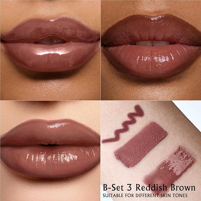 Reddish Brown Lip Combo Set - Matte Lip Liner Pencil, Hydrating Lip Gloss, Long Lasting Matte Lipstick Pen, High Pigment Lightweight Non Sticky High Shine Lip Tint Stain Makeup for Women