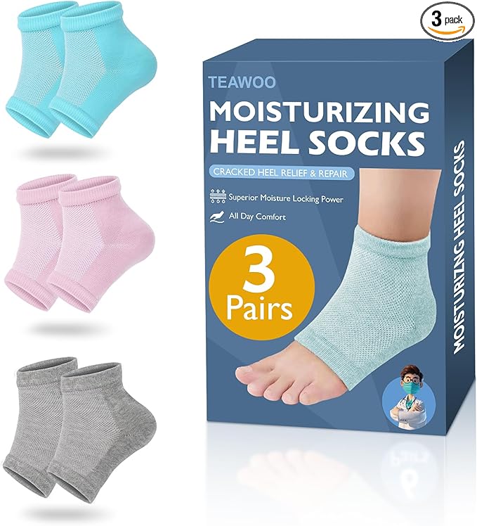 TEAWOO 3 Pairs Moisturizing Heel Socks for Cracked Heel Treatment, Foot Care Toeless Socks to Soften and Hydrate Dry Cracked Feet Heels, Cracked Heel Repair Socks, Gel Socks for Dry Cracked Feet