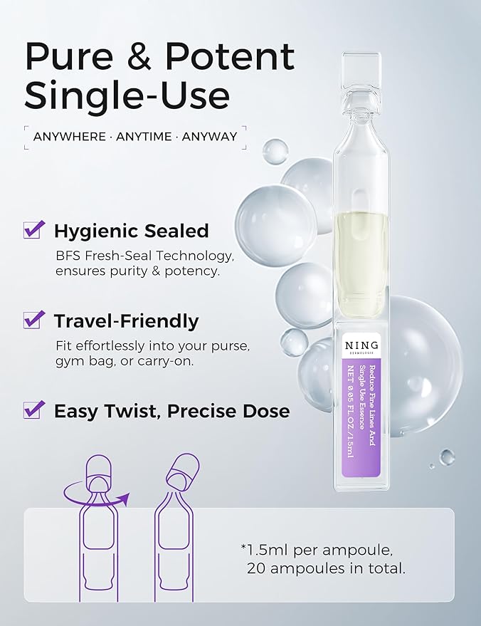 NING DERMOLOGIE Retinol Serum for Face - Anti Aging Serum with Peptides, Niacinamide - Collagen Booster Ampoules for Anti Wrinkles & Dark Spot, Reduce Fine Line - Single-Use Vials, 1.5ml/0.05 fl.oz*20