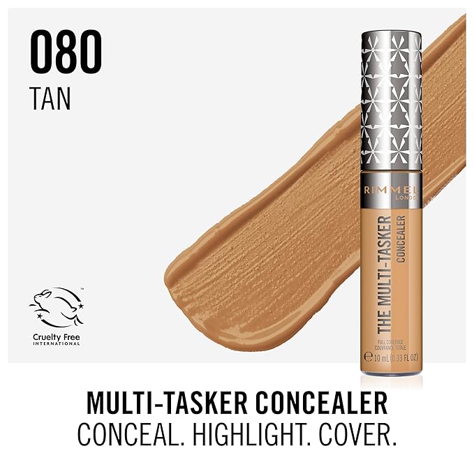 Rimmel London, Multi-Tasker Concealer, 080 Tan, Crease-Proof, Transfer-Proof, Waterproof, Up To 24-Hour Wear, Vegan Formula, 0.33oz