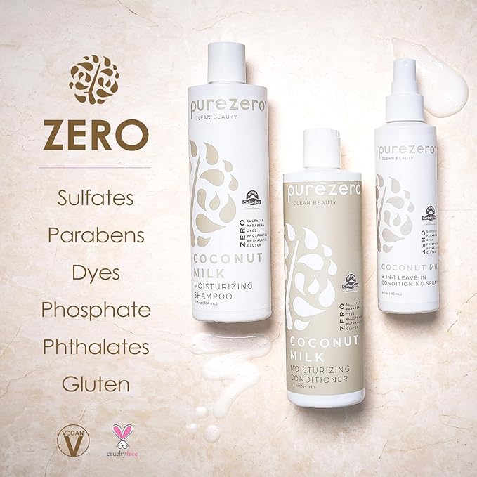 Purezero Coconut Milk BUNDLE [12oz Shampoo + Conditioner + 6 oz 9-in-1 Leave-in Conditioner] - Intense Hydration & Increased Shine