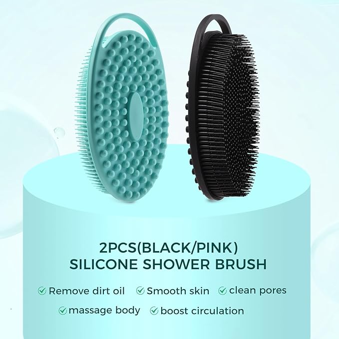 2 Pack Silicone Body Scrubber, Exfoliating Silicone Shower Scrubber for Body, Gentle 2 in 1 Silicone Loofah Alternative for Women Men, Dual-Sided Soft Bath Scrubber for All Skin, Black+Green