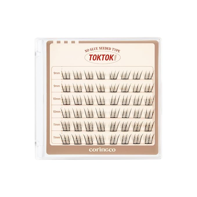 CORINGCO Toktok Hara Light Self Adhesive False Eyelashes, Natural Look, No Glue Needed, Assorted Set of 9/10/11mm, Reusable Lash Clusters Kbeauty - Hush