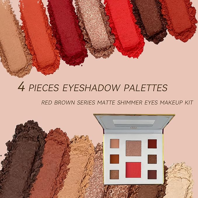 KAPEINE 4Pcs Eyeshadow Palette Set, 32 Colors Professional Eye Makeup Kit - Highly Pigmented Matte & Shimmer Nude Brown Red Pink Shades, Long Lasting Waterproof Makeup Palette for Women Girls Gift