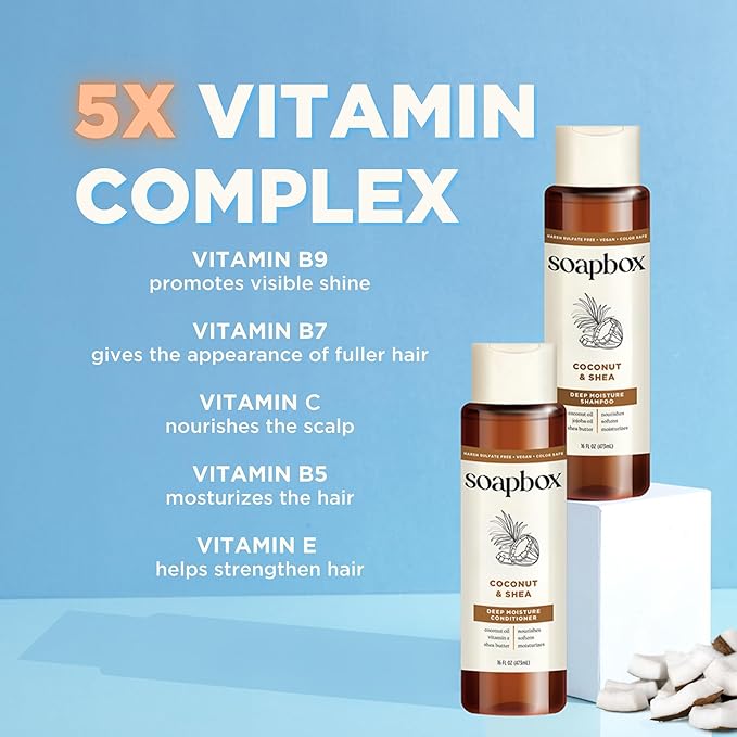 Soapbox Coconut & Shea Shampoo & Conditioner Set, For Dry, Damaged Hair - Nourishes & Moisturizes Hair - Clean Ingredients Free of Harsh Chemicals, Sulfates, Parabens & Silicones - 16 oz Each