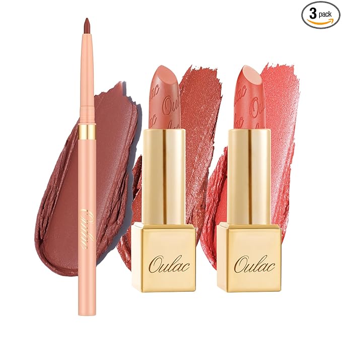 Oulac Lipstick & Lipliner Set 3PCS High Impact Lipcolor with Moisturizing Formula, Vegan Beauty, Full-Coverage Lip Color, Gift Lipstick for Women, LL05+05+GM12