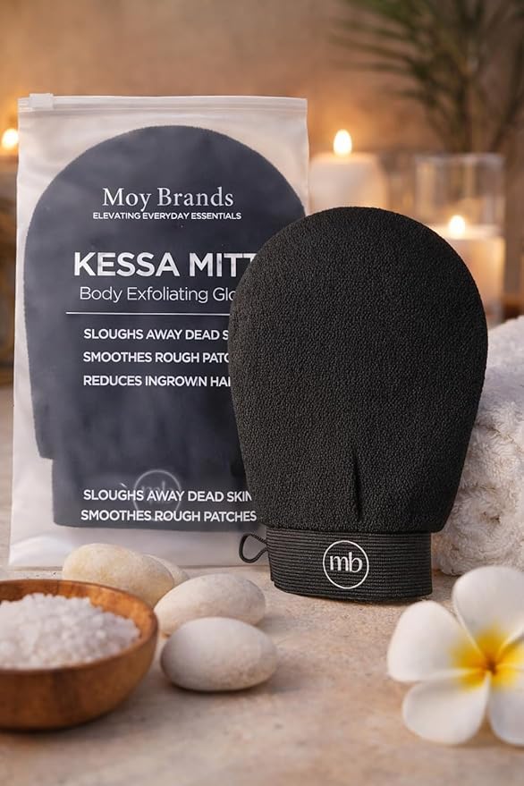 Korean Exfoliating Mitt Glove – Dead Skin Remover for Body, Moroccan Kessa Scrub, Strawberry Skin & KP Treatment, Deep Exfoliating Bath Glove for Smooth Skin (Black)
