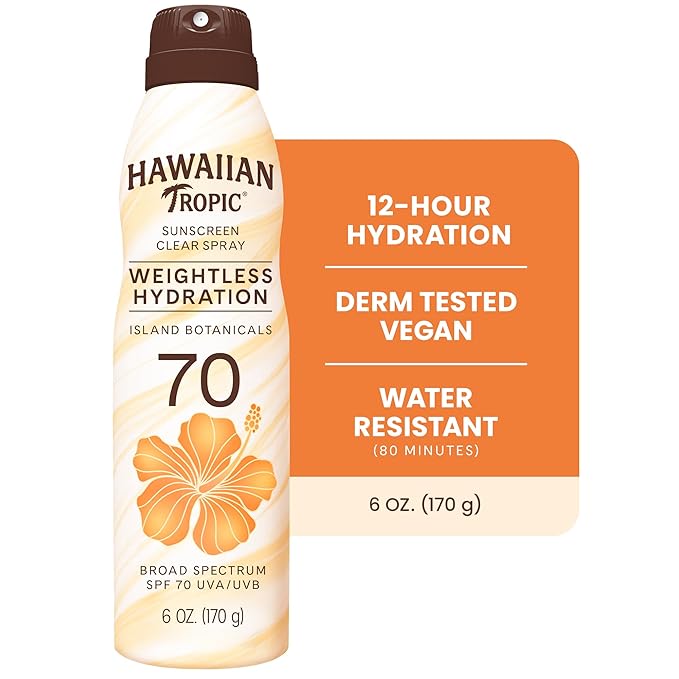 Hawaiian Tropic Weightless Hydration Sunscreen Spray SPF 70, 6oz | High SPF Sunblock, Oxybenzone Free, Hawaiian Tropic Spray Sunscreen, 6oz