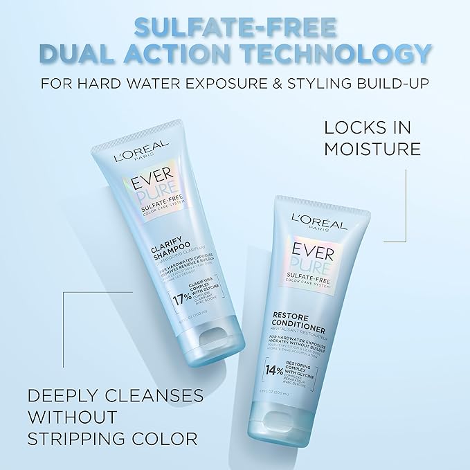 L'Oreal Paris Clarify and Restore Sulfate Free Shampoo and Conditioner Set with Antioxidants for Hard Water Exposure-and Styling Build-up,EverPure,1 Hair Care Kit,(Pack of 6)