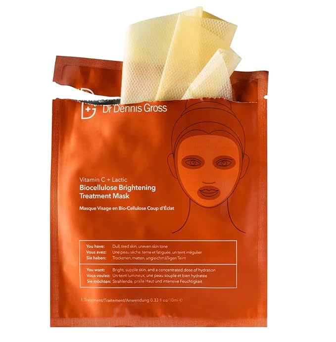Dr Dennis Gross Vitamin C Lactic Biocellulose Brightening Treatment Mask, Revive Dry, Visibly Damaged Skin, 1 Pack