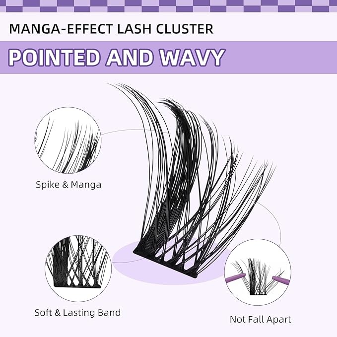 B&Q Manga Lash Clusters Kit Anime Lashes 8-18mm Mixed 144pcs Eyelash Extension Kit Thick Curly Manga Style Feature Spike Eyelash Clusters Perfect Choice for Beginners at Home(KIT-Anime 02)