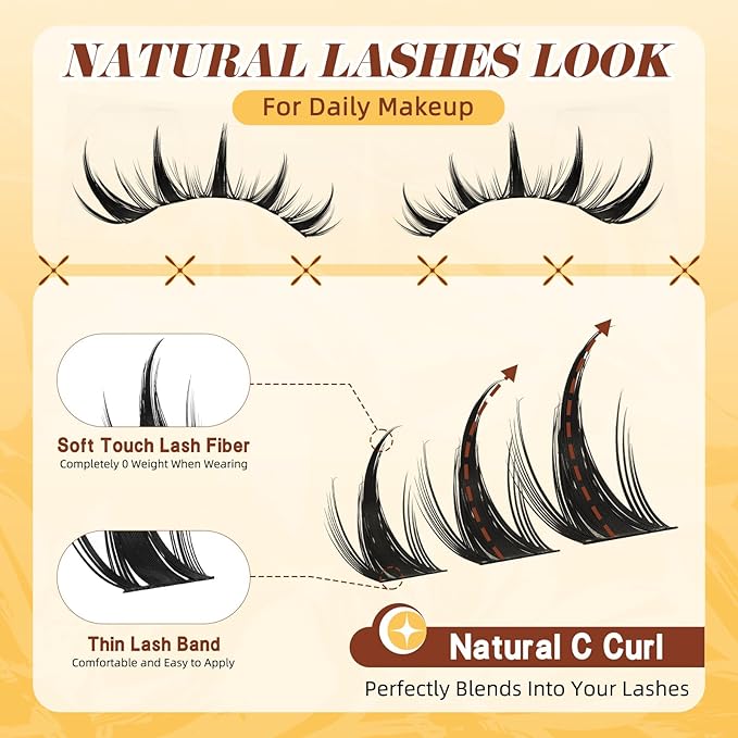 QUEWEL Fairy Lash Clusters Kit, 120PCS Cluster Eyelash Extensions kit with Lash Bond and Seal, C Curve Manga Lash Clusters Natural Look with Thin Band Easy to Use for Beginners (DJ-FD-C）