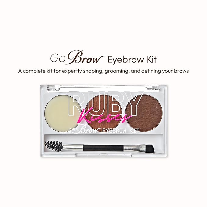 Ruby Kisses Go Brow Eyebrow Kit, Dual Shade Powder & Wax, Includes 3 Stencils, Perfect for Shaping & Defining, Natural Brow Look, Ideal for Sparse Brows