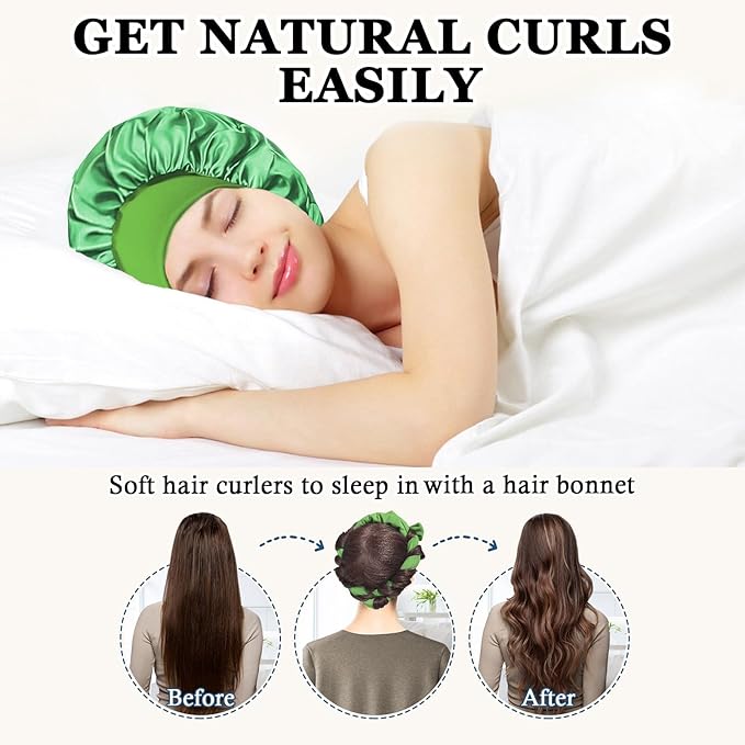 Gwabee Heatless Curls Overnight Hair Curlers to Sleep In, 9 PCS Velvet Heatless Hair Curler Overnight Curls for Women Long Medium Hair Volumes, Heatless Curling Waves Set with Sleep Bonnet - Green