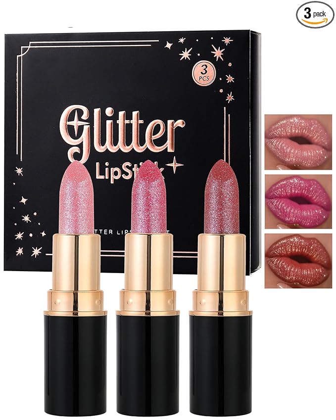 Metallic Glitter Lipstick Set Long Lasting,3 Pcs Diamond Shimmer Lip Gloss Nude Pink Rose Pink Red Matte Lip Stick for Women,Sparkling Shiny Transfer Proof Non Stick Tinted Lip Balm Color Makeup-Set B