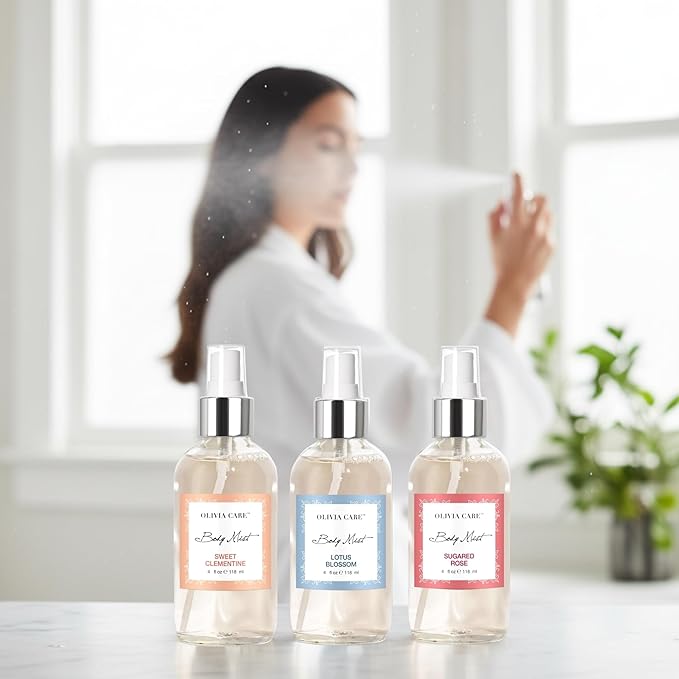 Olivia Care Body Mist Trio, 3 Scents: Lotus Blossom, Sugared Rose, Sweet Clementine (3 Bottles Total (1 of Each Scent))