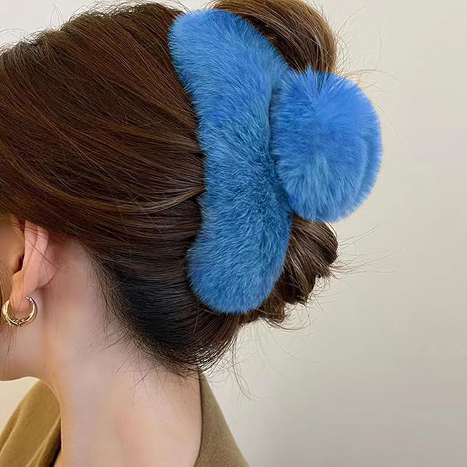 YOYLMAL Large Faux Fur Hair Claw Clip for Women, 5.1 Inches Winter Fluffy Fuzzy Hair Clips, Nonslip Strong Hold Furry Big Jaw Clamp for Thick Long Hair (Blue)