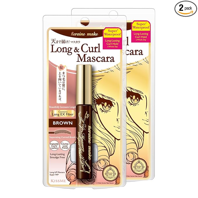 HEROINE MAKE by KISSME Brown Mascara Waterproof, Waterproof Mascara Volume and Length by Tubing Fiber for Long & Curl Eye Makeup for Women, Natural Lash Look for Sensitive Skin from Japan 2 EA
