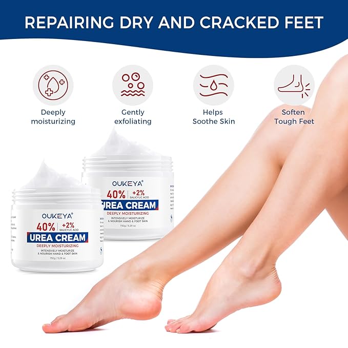 OUKEYA NEW FORMULA Urea Cream 40% Plus 2% Salicylic Acid for Feet Maximum Strength, Dry Cracked Hand Heel Moisturizing Repair Lotion for Knees, Elbows, Removes Corns, Dead Skin Cream, 5.29 oz 2 Pack