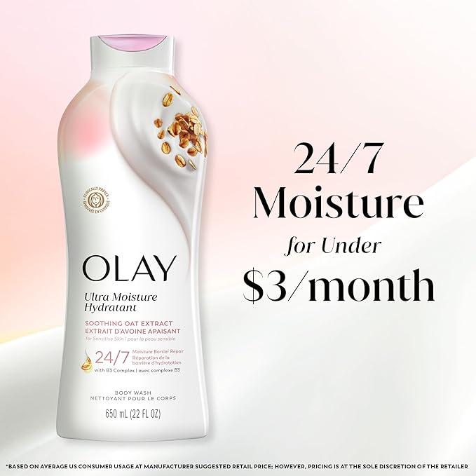 Olay Body Wash for Women, Ultra Moisture, For Sensitive Skin, Soothing Formula, 24hr Moisturizing, Hydrating & Refreshing, B3 Vitamin Complex, Free of Parabens & Phthalates, Oat Extract Scent,22 fl oz