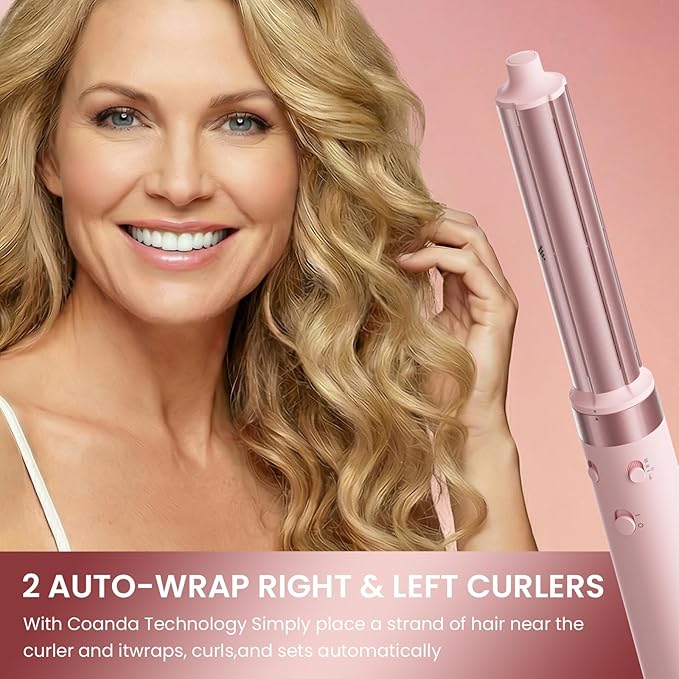 MESCOMB Dual Voltage Hair Dryer Brush - 5 in 1 Hot Air Styler Wrap with Auto Wrap Curlers, Fast Drying, Straightening & Volumizing, 100V–240V Global Travel with Storage Bag-Peach Pink