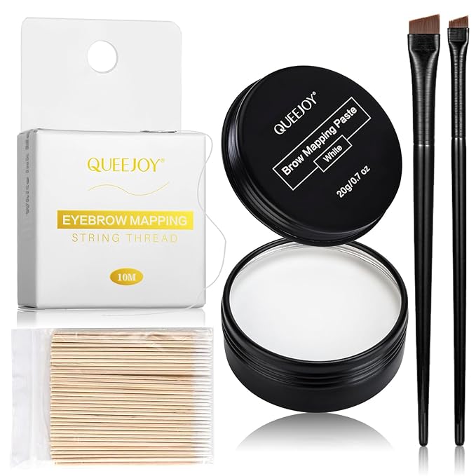 White Brow Mapping Kit, Brow String with White Brow Paste for Brow and Lip, 2pcs Eyebrow Brushes and 50pcs Cotton Swabs, DIY Brow Lip Design at Home and Salon