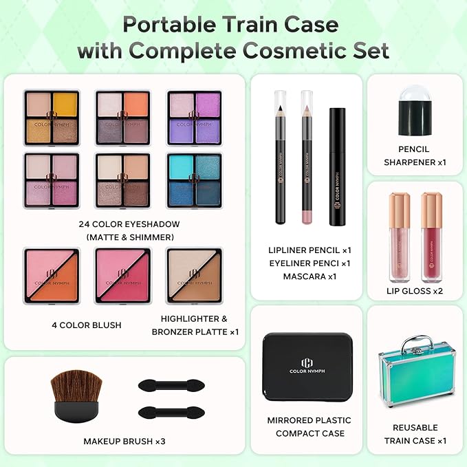 Color Nymph Beginner Makeup Kits For Teens With Train Case Included Full Makeup Kit Eyeshadow Palette Blushes Bronzer Highlighter Lipstick Brushes Mirror (Green)