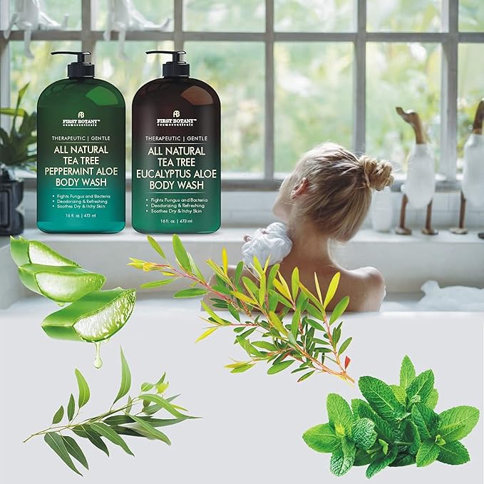 First Botany, All Natural Tea Tree Body Wash Fights Body Odor Athlete's Foot Jock Itch Nail Issues Dandruff Acne Eczema Yeast Infection Shower Gel Eucalyptus & Peppermint Aloe Skin Cleanser 16 X 2 fl