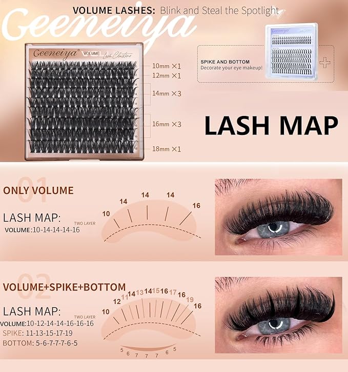 Geeneiya 5 Styles Lash Clusters Kit, Volume/Mega/Full/Bottom Eyelash Clusters Extensions with Lash Bond and Seal, Remover and Lash Extension Tools for Beginners and Proficient, DIY at Home Easily