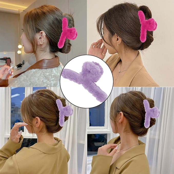 Sokfone 2 Pack Fuzzy Hair Clips, Large Nonslip Fuzzy Claw Clip for Thick Hair Fur Hair Clips for Women and Girls (Rose Red, Purple）