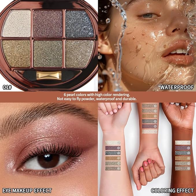 6 Color Glitter Eyeshadow Palette, Smokey Eye Shimmer Eyeshadow, Gold Bronze Black Metallic Eye Shadow, High Shine Sparkle Makeup, Smooth Blendable Long Lasting for Party Night Glam Look 01