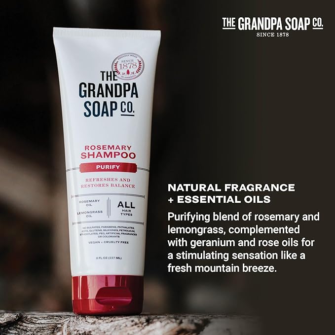 The Grandpa Soap Company Shampoo - Purifying With Rosemary and Lemongrass Oils, Leaves Scalp and Hair Feeling Clean and Fresh, All Hair Types, Vegan, Sulfates and Parabens Free, 8 Fl Oz