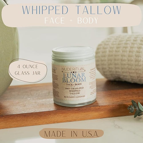 100% Grass-Fed Beef Tallow – Whipped Body Butter Moisturizer for Face & Body – USA Made Natural Lotion Alternative for Dry, Sensitive Skin – 4 oz (Lunar Bloom – Lavender & Blue Tansy)