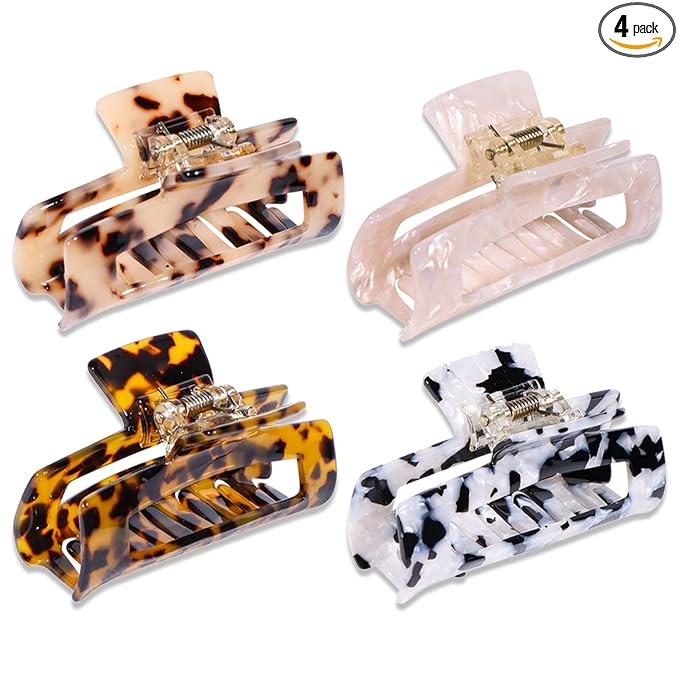 Magicsky 4PCS Hair Claw Clips, Acrylic Hair Banana Barrettes, Celluloid French Butterfly Jaw Clips,Tortoise Shell Grip Pin Teeth Clamp -Leopard print Stylish Hair Accessories for Women Girls,Long Size