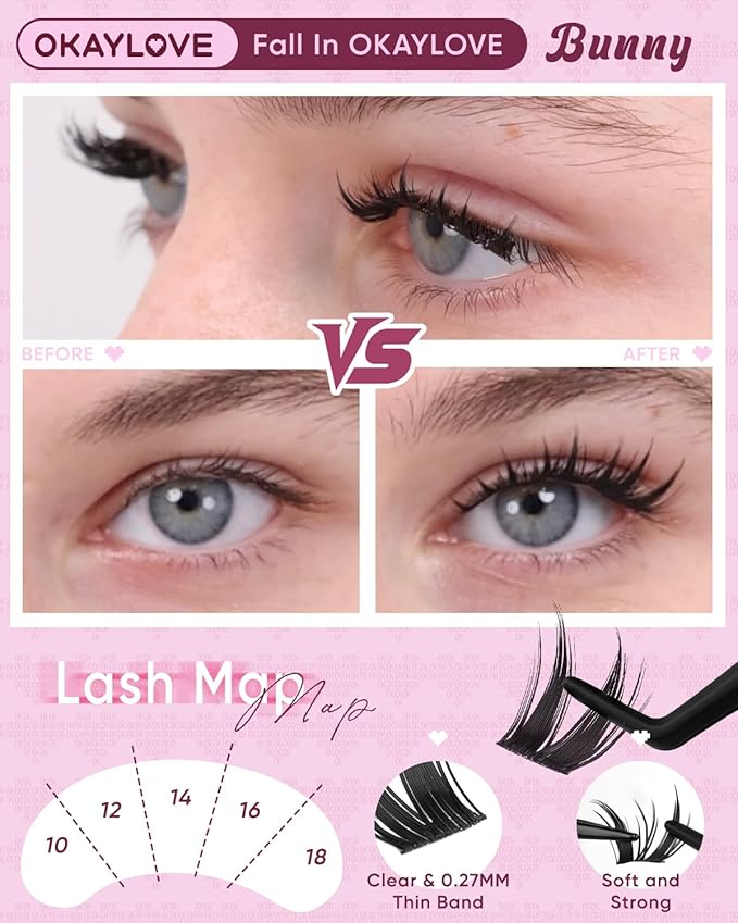 OKAYLOVE Manga Lash Clusters Kit, BUNNY 8-18mm Anime Cluster Eyelash Extensions Kit, 120pcs Fairy Wipsy Lashes Clear Band Natural Eyelashes with Bond and Seal, Remover, Tweezers