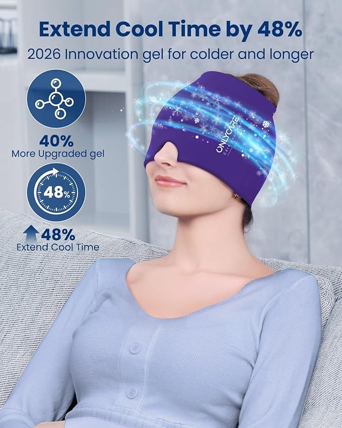 ONLYCARE Migraine Relief Cap, Soothing Headache Hat, Upgraded Odorless Gel Ice Head Wrap, Hot and Cold Therapy, Headache Ice Pack for Tension and Stress(Purple)