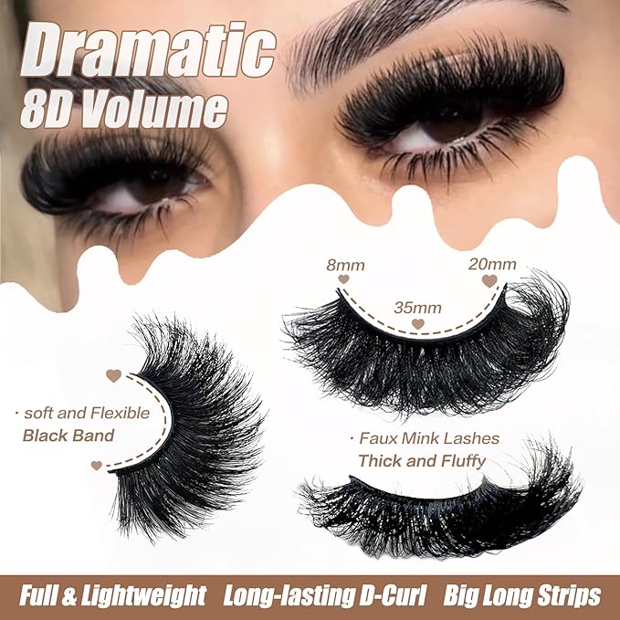 Mink Lashes Fluffy Dramatic Thick Volume Eyelashes Strips 3D 20mm 25mm Big Long Cat Eye Full Strips Lashes Faux Mink Eyelashes Multipack 20 Pairs Fake Lash Strip Pack YH305