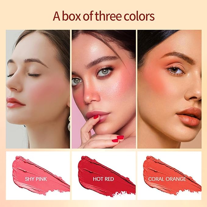 3Pcs 3-in-1 Multi-Use Makeup Stick Tinted Moisturizer Blush for Cheeks, Lips & Eyes Waterproof, Long-Lasting Natural Nude Look 3 Colors(Pink+Hot Red+Coral Orange)