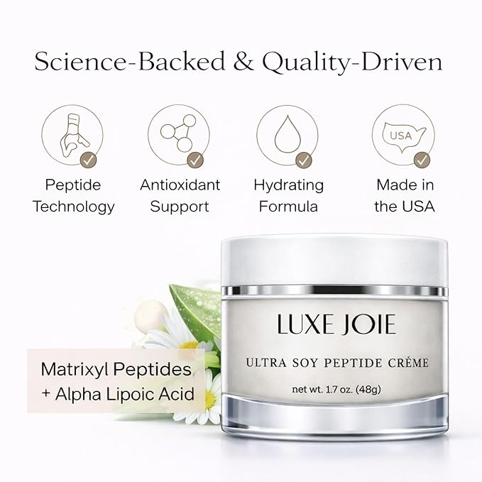 LuxeJoie Peptide Face Cream – Matrixyl Peptide Moisturizer for Mature Skin – Firming Anti Aging Moisturizer with Alpha Lipoic Acid Ultra Soy Peptide Creme – 1.7 oz