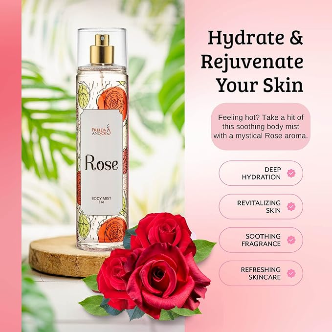 Freida and Joe Rose Elegance Fine Fragrance Body Mist Spray Capturing Timeless Allure of Blooming Roses, 8 oz Spray Bottle Ideal for Gifting, Stocking Stuffer – Mother's Day Gift for Mom
