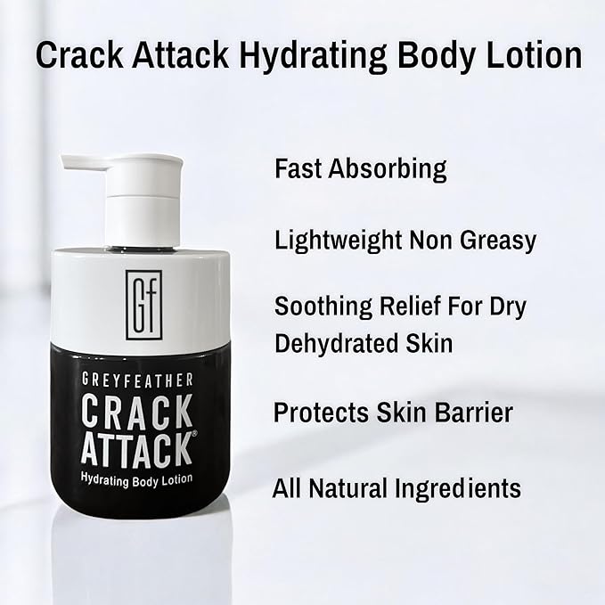 Greyfeather Crack Attack Hydrating Body Lotion for Dry Cracked Skin – Fast Absorbing, Mint Scented, Non-Greasy Moisturizer with Aloe, Shea Butter – Heals Hands, Feet, Elbows, Full Body Repair