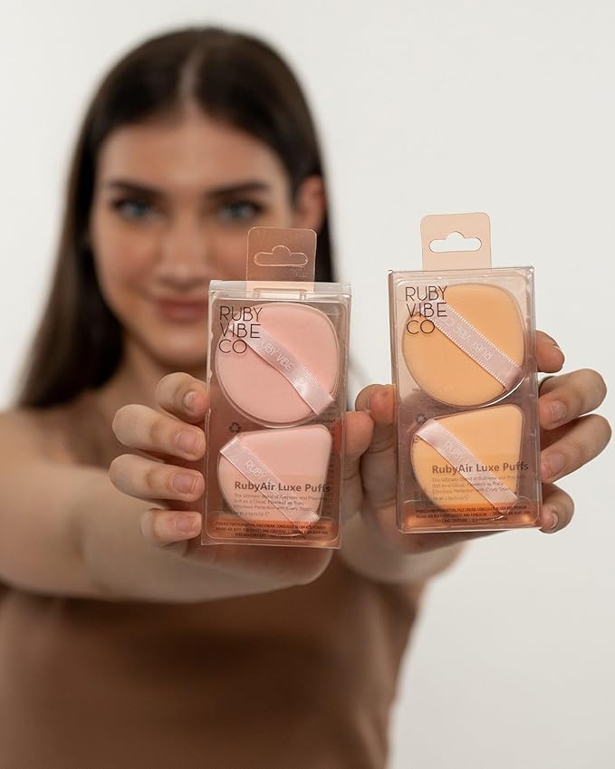 RubyAir Luxe Puffs, Set 2 Air Puffs, Round and Triangle Shapes, Latex-Free Velvet, Pink, for Foundation, Concealer, Blush, Setting Powder, Wet or Dry Use, All Skin Types | RUBY VIBE CO