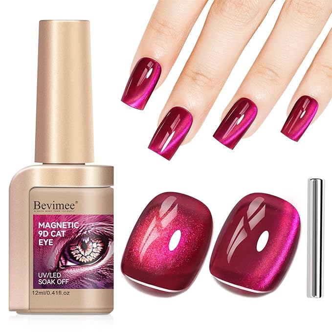 Hot Pink Cat Eye Gel Nail Polish, Magentic Nail Polish With Magnet Red Pink Double Magic Effect, Jelly Color Glitter Shimmer UV Gel for Gift Salon DIY at Home