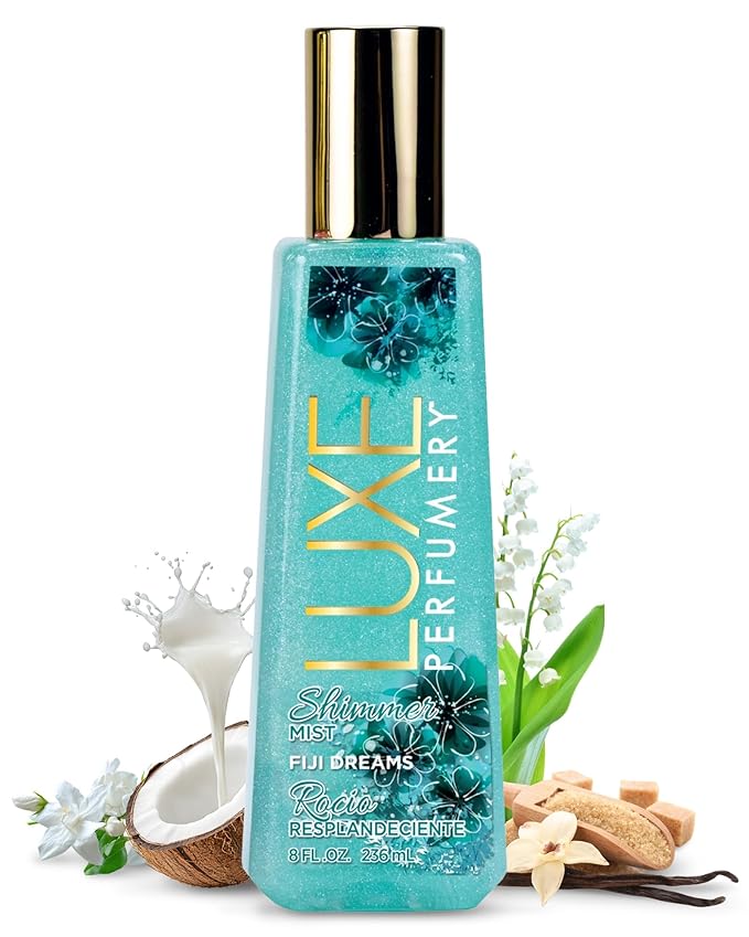 Luxe Perfumery Fiji Dreams Shimmer Body Mist – Body Glitter Spray with Coconut, Lily of the Valley & Vanilla Orchid Notes, Radiant Glow Shimmer Spray for Women, Gift for Her, Made in USA, 8 fl oz