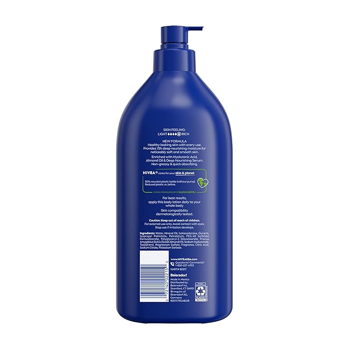NIVEA Essentially Enriched Body Lotion for Very Dry Skin with Hyaluronic Acid, Almond Oil and Deep Nourishing Serum, 72-Hour Body Moisturizer, 33.8 Fl Oz Value Size Pump Bottle