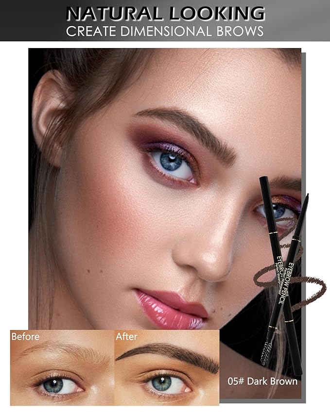 Dark Brown Eye Brow Pencils for Women, 6Pcs Waterproof Eyebrow Pencil Set, Ultra Fine Tip for Perfect Eye Liner Brows, Long Lasting Makeup Professional Shaping & Filling Brow Pen with Eyebrow Razor-05