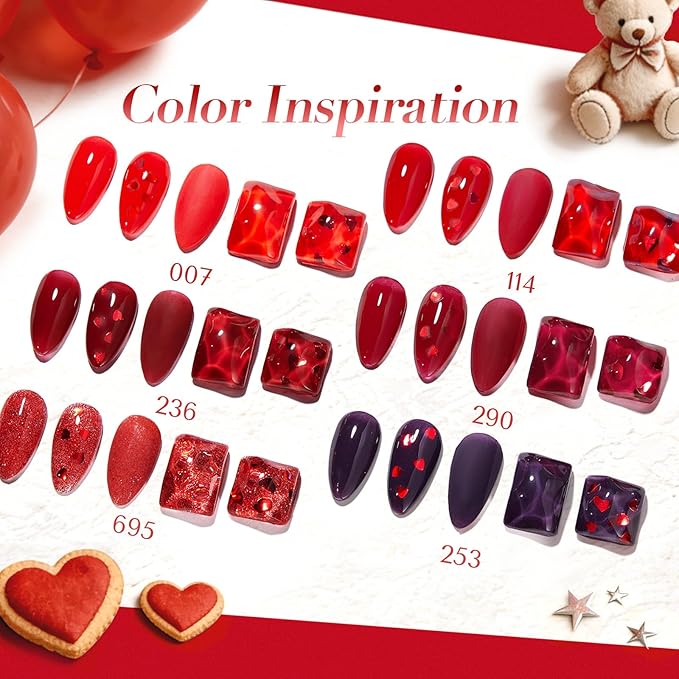 AZUREBEAUTY Dip Powder, Red Glitter 6 Colors Dipping Powder Starter Kit with Heart-Shaped Sequins French Nail Art Manicure DIY Salon Valentine's Day Gift for Women, No Need Nail Lamp Cured