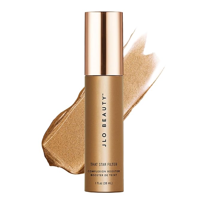 JLO BEAUTY Makeup Highlighter & Bronzer for Face & Body, Liquid Complexion Booster, Illuminating Primer Glow Drops with Vitamin E, Sheer Dewy Skin Tint, That Star Filter, Warm Bronze, 1 Fl Oz